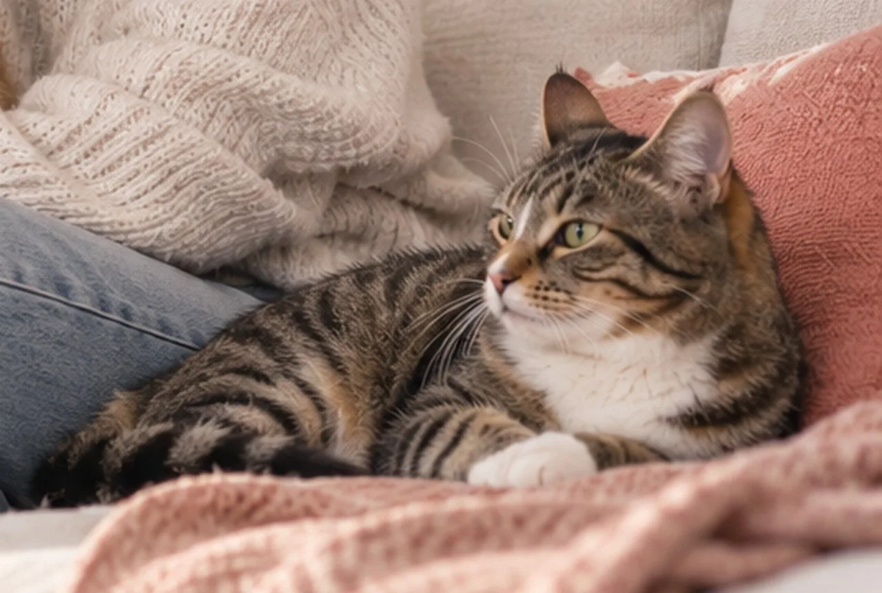 Tabby cat resting on a pink blanket beside its owner