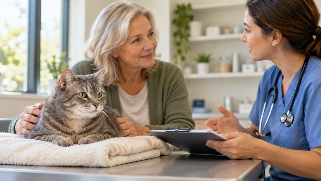 Tabby cat on a towel while its owner talks with a veterinarian